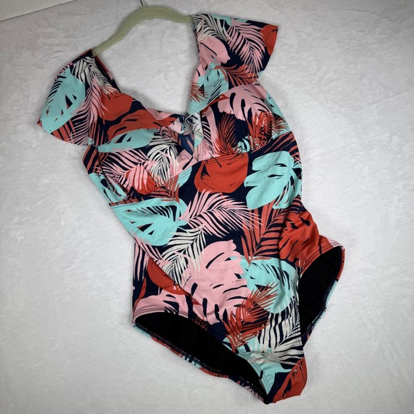 Fit 4 U Other - Fit 4 U Womens Swimsuit 16W Tropical‎ Leaf Print One Piece Ruffle Off Shoulder